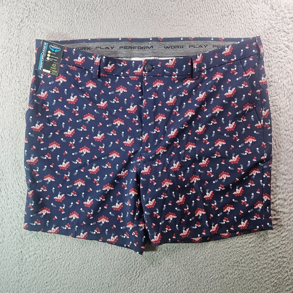 NWT Roundtree & Yorke Performance‎ Shorts Mens 42 x 7" Game Print Navy Blue